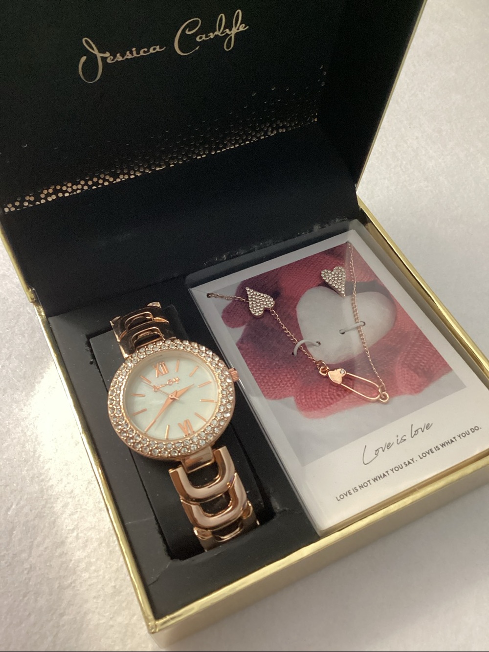 Jessica Carlyle Women's Rose Gold-tone Metal Alloy Bracelet Watch 33mm Gift Set